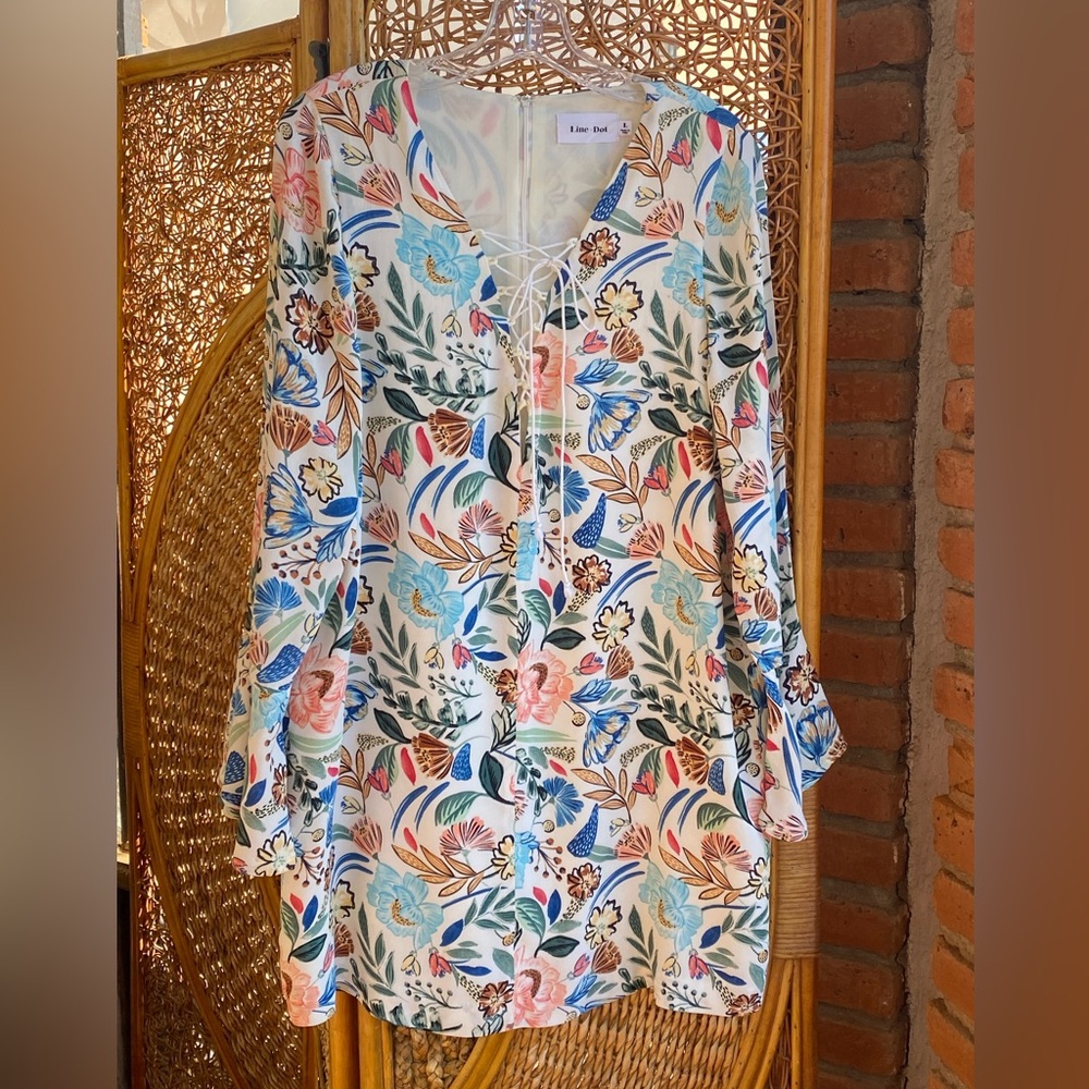 Line & Dot Multicolor Floral Lace-Up Bell Sleeves Dress